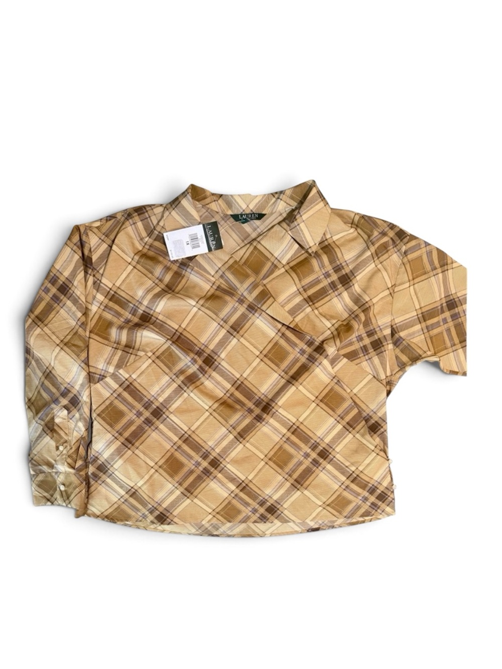 Lauren Ralph Lauren Tan and Brown Plaid Lightweight Wrap Blouse 1X